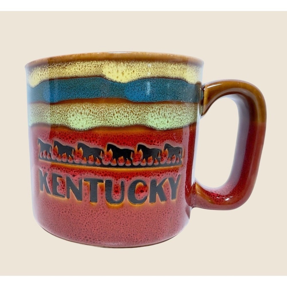 Kentucky Running Horses Stoneware Mug Reactive Drip Glaze Heavy Wide Handle